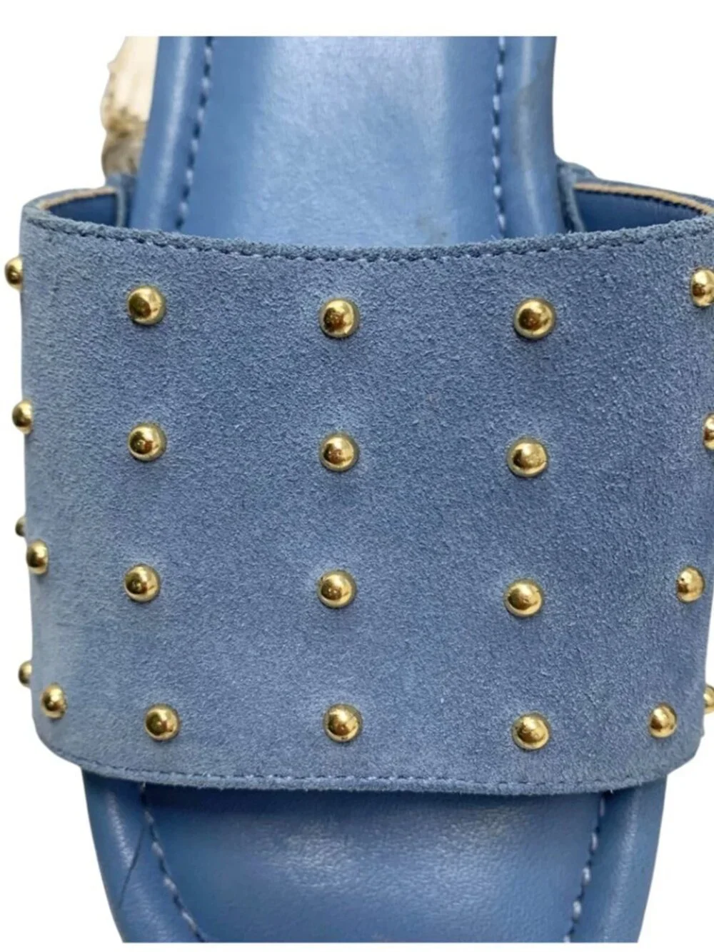 SCHUTZ Summer Jean Blue Suede Studded Wooden‎ Clog Slides